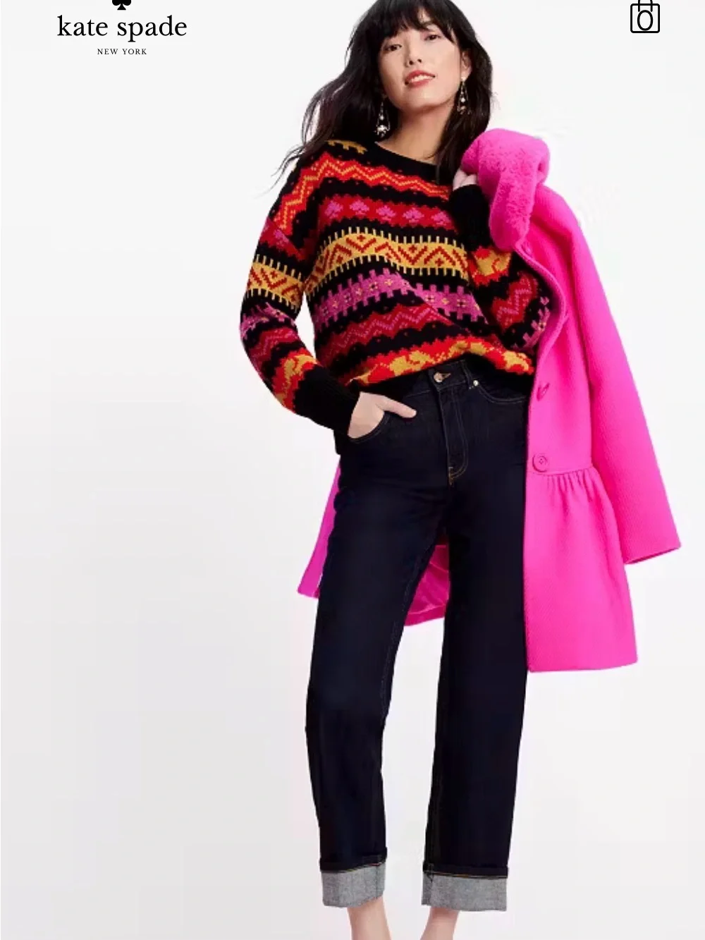 kate spade Black Crewneck Sweater with Pink, Red & Gold Fair Isle